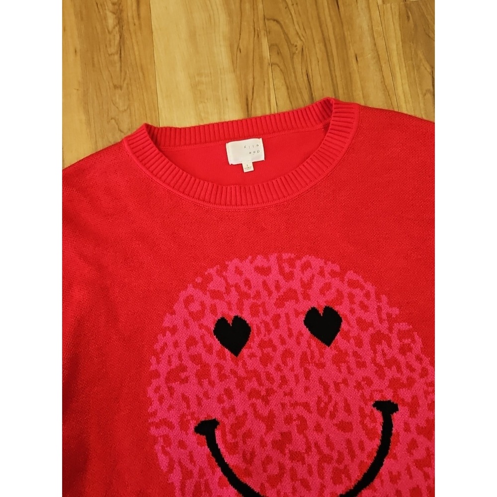 Dee Elly Women's Size Small Red Smiley Face Knit Long-sleeve Sweater - Picture 2 of 8